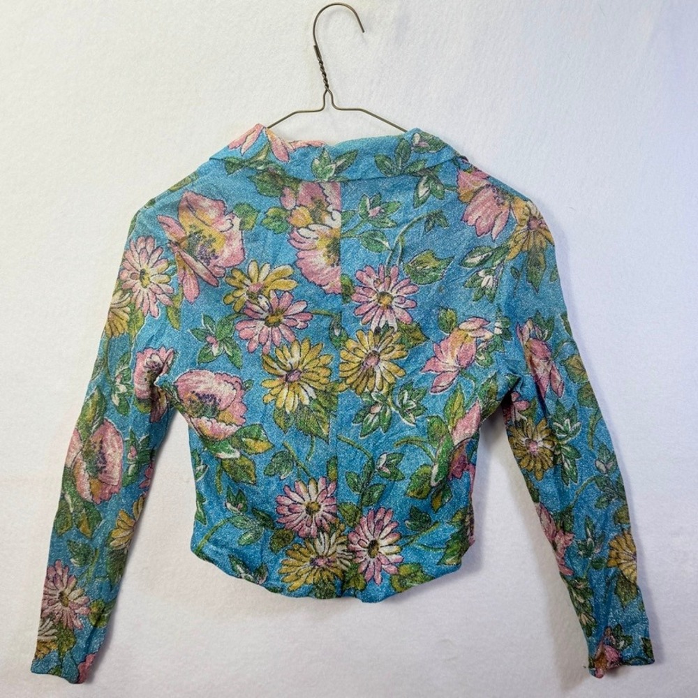 70s Disco Glam Metallic FloralVintage Zip Jacket Bouncing Bertha Blue Pink Sz 9 - Picture 6 of 13